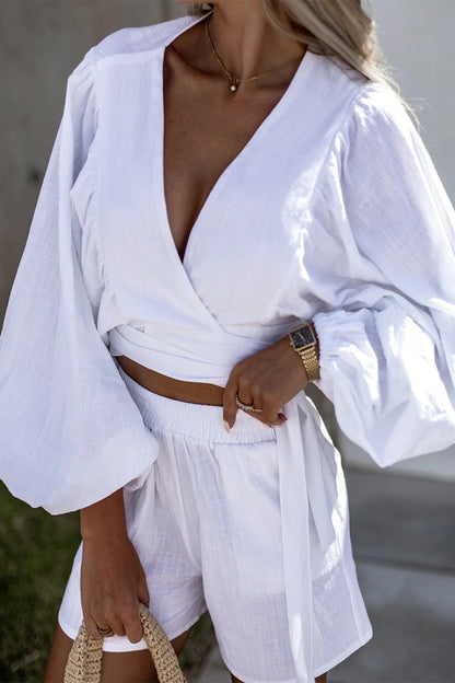 Conjunto de dos piezas con escote en V, manga larga y pliegues de frenillo liso (3 colores)