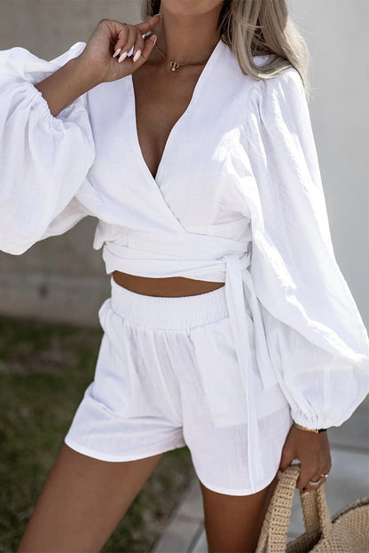 Conjunto de dos piezas con escote en V, manga larga y pliegues de frenillo liso (3 colores)