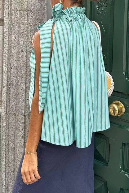 Elegante blusa a rayas con cuello de hoja de loto (3 colores)