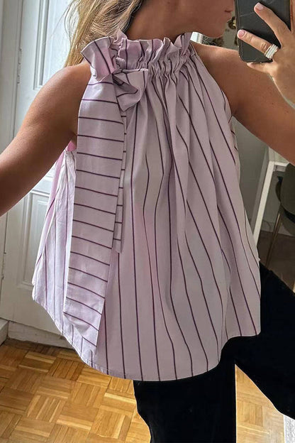 Elegante blusa a rayas con cuello de hoja de loto (3 colores)