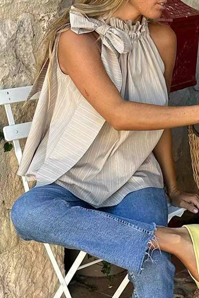 Elegante blusa a rayas con cuello de hoja de loto (3 colores)