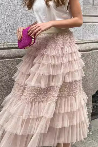 Elegante pantalón tipo A de malla lisa, suelto, de cintura alta, con parches