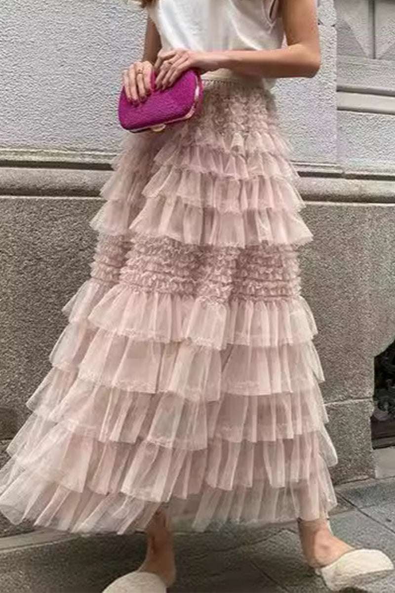 Elegante pantalón tipo A de malla lisa, suelto, de cintura alta, con parches