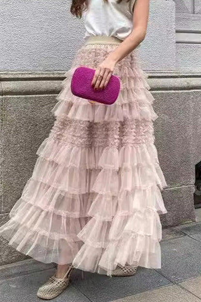 Elegante pantalón tipo A de malla lisa, suelto, de cintura alta, con parches