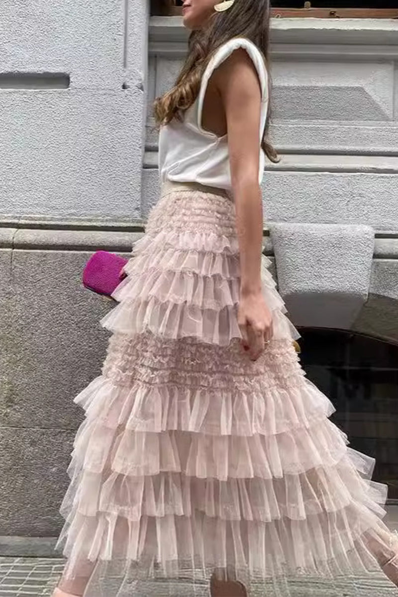 Elegante pantalón tipo A de malla lisa, suelto, de cintura alta, con parches