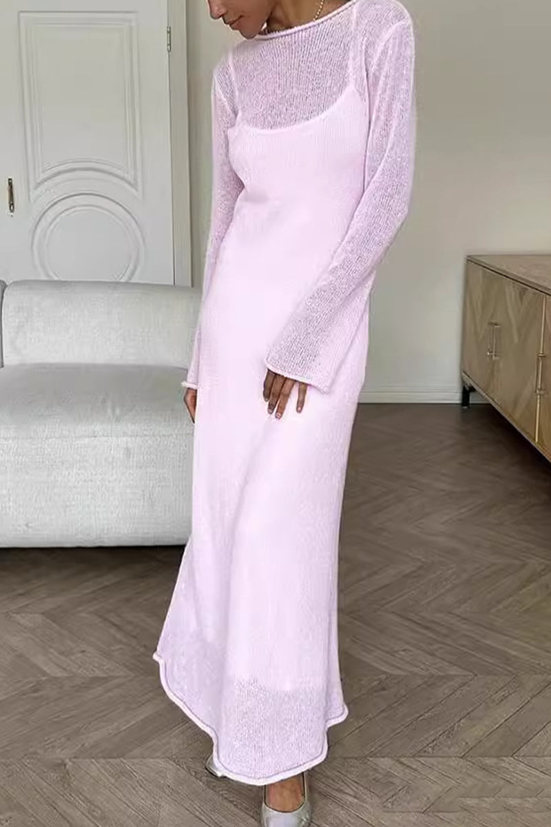 Conjunto informal de dos piezas con cuello redondo, manga larga, liso y ahuecado (3 colores)