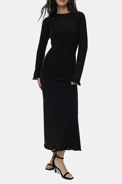 Conjunto informal de dos piezas con cuello redondo, manga larga, liso y ahuecado (3 colores)