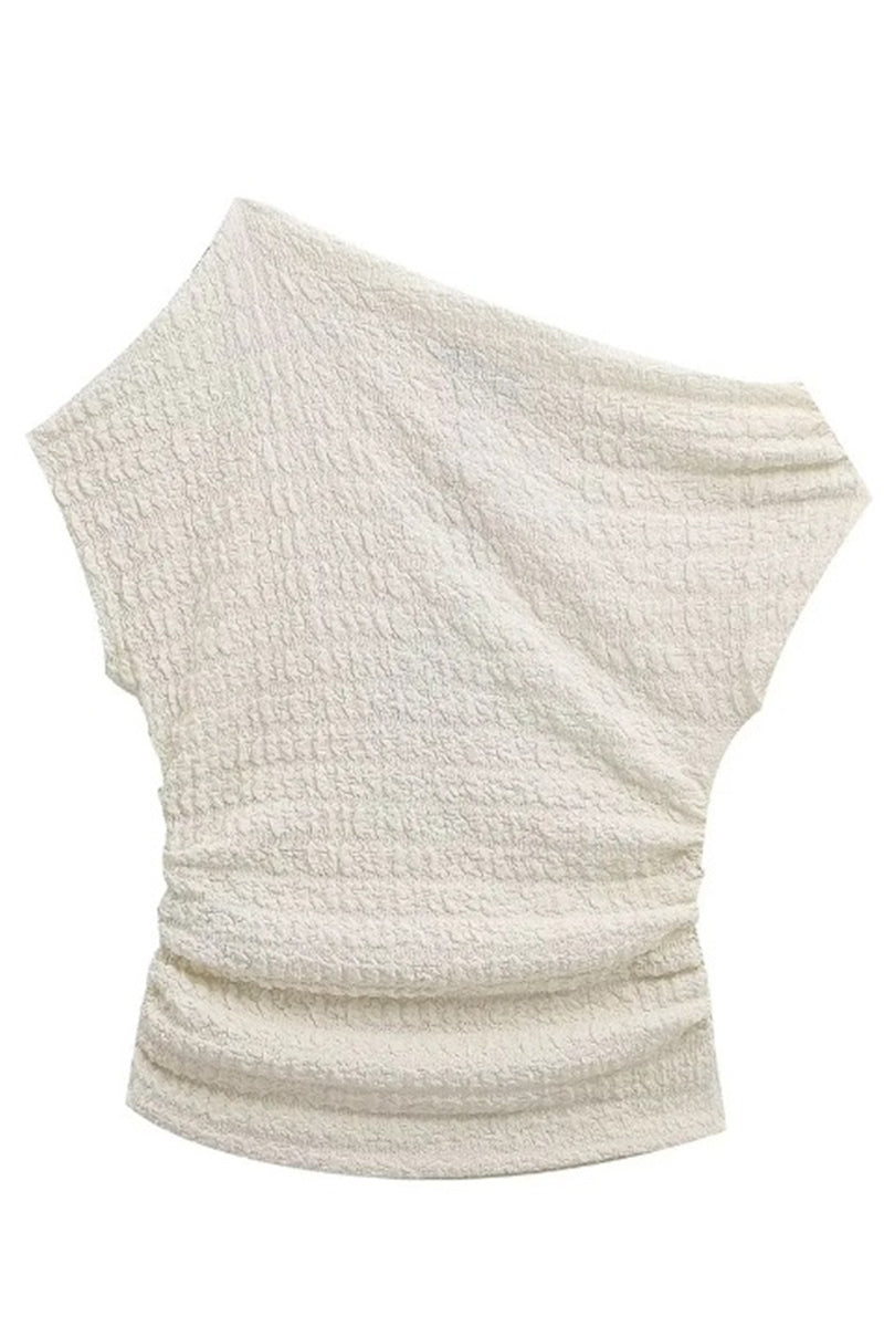 Conjunto de dos piezas sexy de manga corta con hombros descubiertos y pliegues sólidos