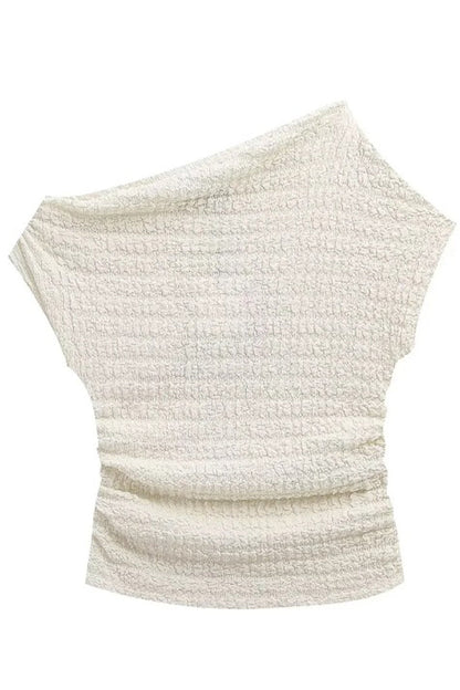 Conjunto de dos piezas sexy de manga corta con hombros descubiertos y pliegues sólidos