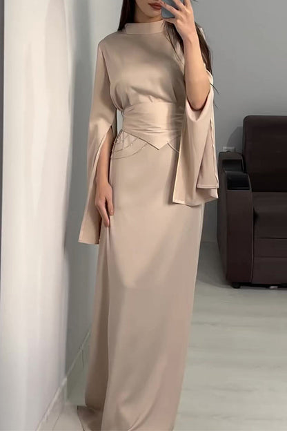 Elegante vestido de falda con cuello alto y abertura en la cintura (3 colores)