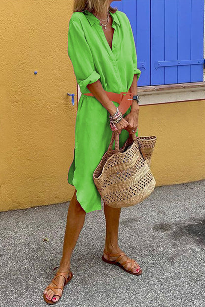 Vestidos camiseros informales sencillos con cuello vuelto y aberturas lisas (3 colores)