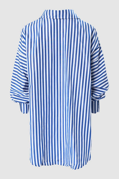 Tops casuales con cuello camisero asimétrico y estampado de rayas de patchwork