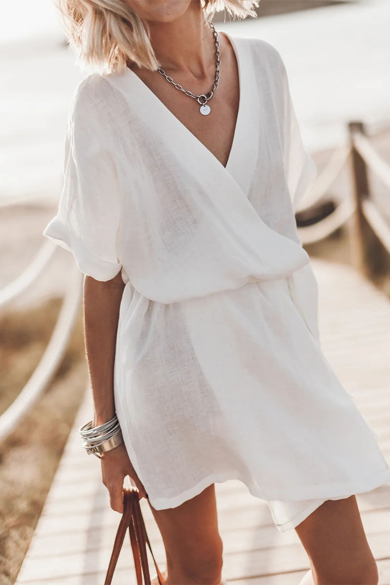 Vestidos casuales sencillos de corte A con cuello en V y bolsillos lisos