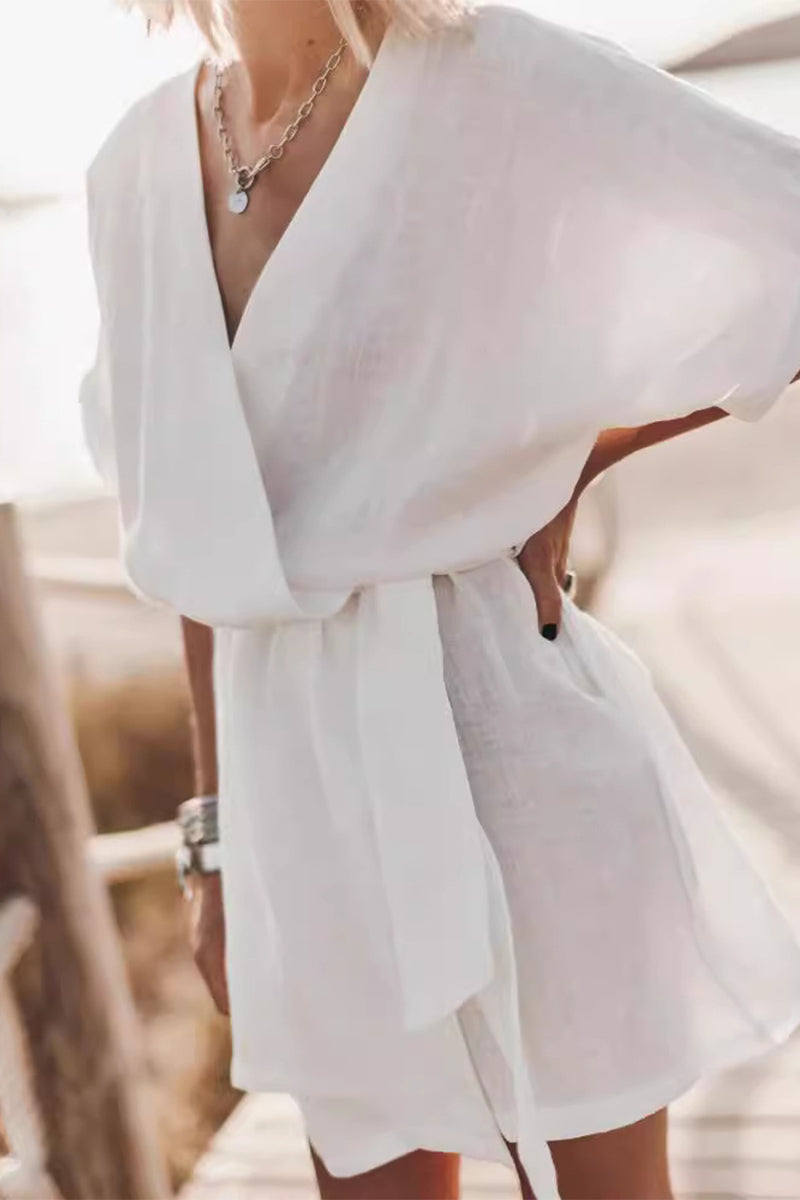 Vestidos casuales sencillos de corte A con cuello en V y bolsillos lisos