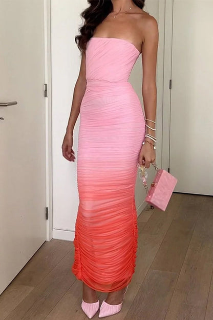 Vestidos sexis de falda de un solo paso sin tirantes y con pliegues y estampado degradado