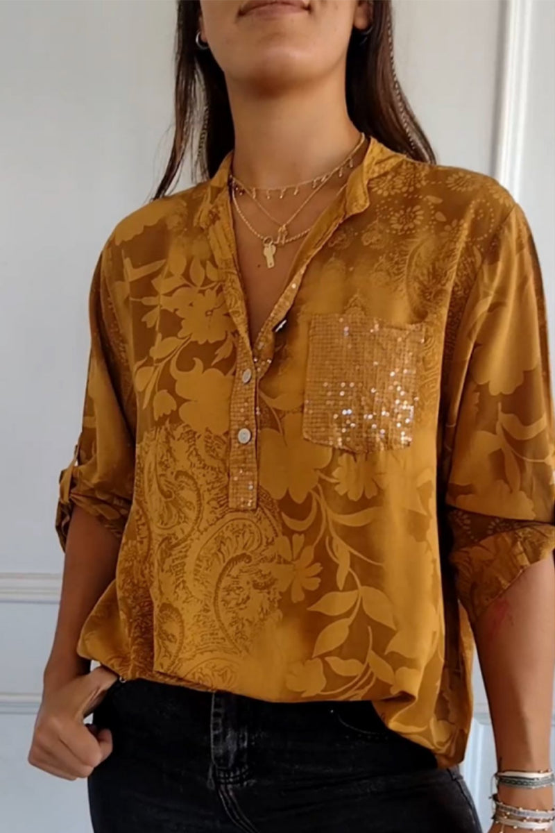 Blusas de cuello mandarín con bolsillos florales en contraste (10 colores)