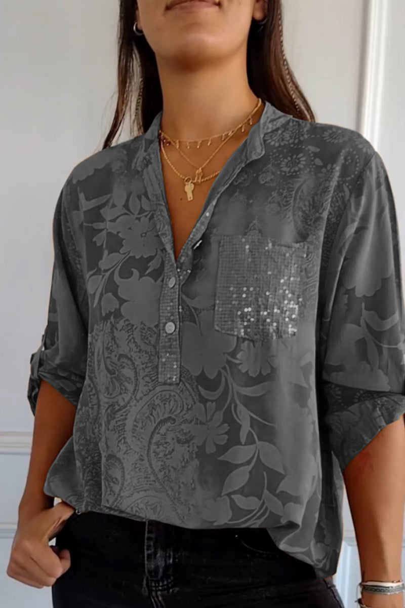 Blusas de cuello mandarín con bolsillos florales en contraste (10 colores)