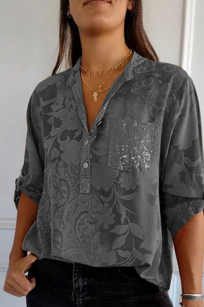 Blusas de cuello mandarín con bolsillos florales en contraste (10 colores)