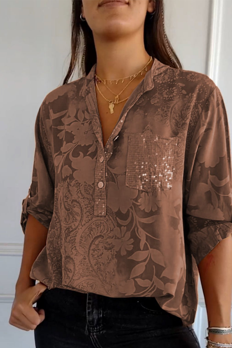 Blusas de cuello mandarín con bolsillos florales en contraste (10 colores)