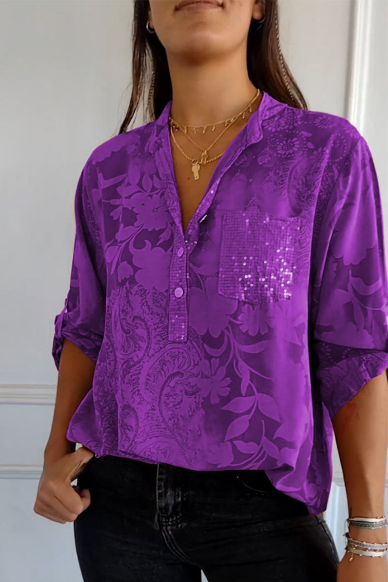 Blusas de cuello mandarín con bolsillos florales en contraste (10 colores)