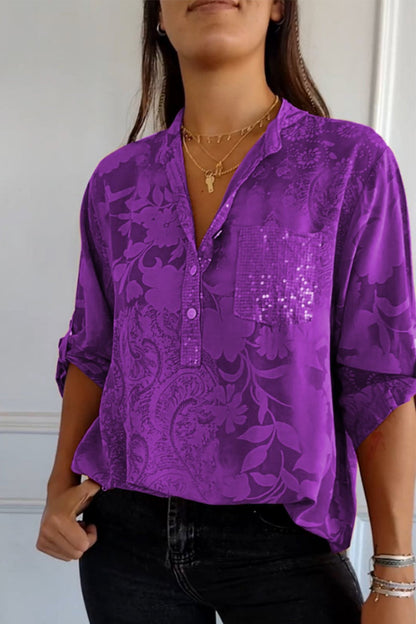 Blusas de cuello mandarín con bolsillos florales en contraste (10 colores)