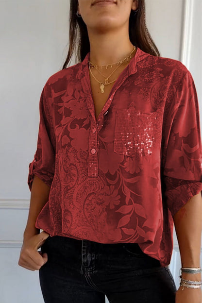 Blusas de cuello mandarín con bolsillos florales en contraste (10 colores)