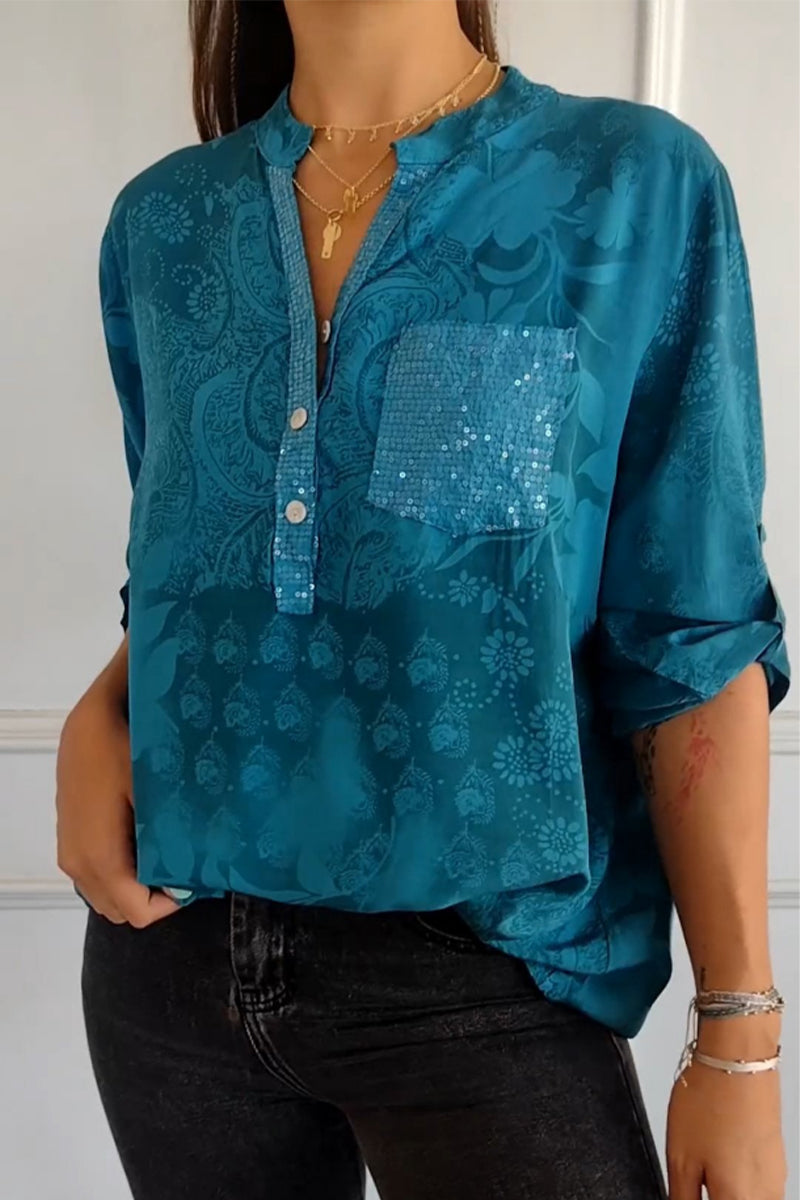 Blusas de cuello mandarín con bolsillos florales en contraste (10 colores)