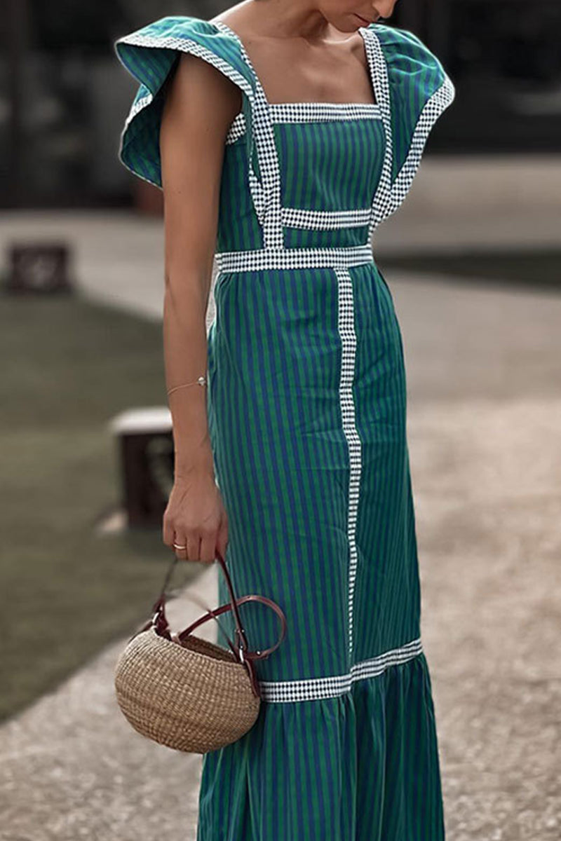 Vestido informal elegante de cuadros con volantes y cuello cuadrado, corte A (3 colores)