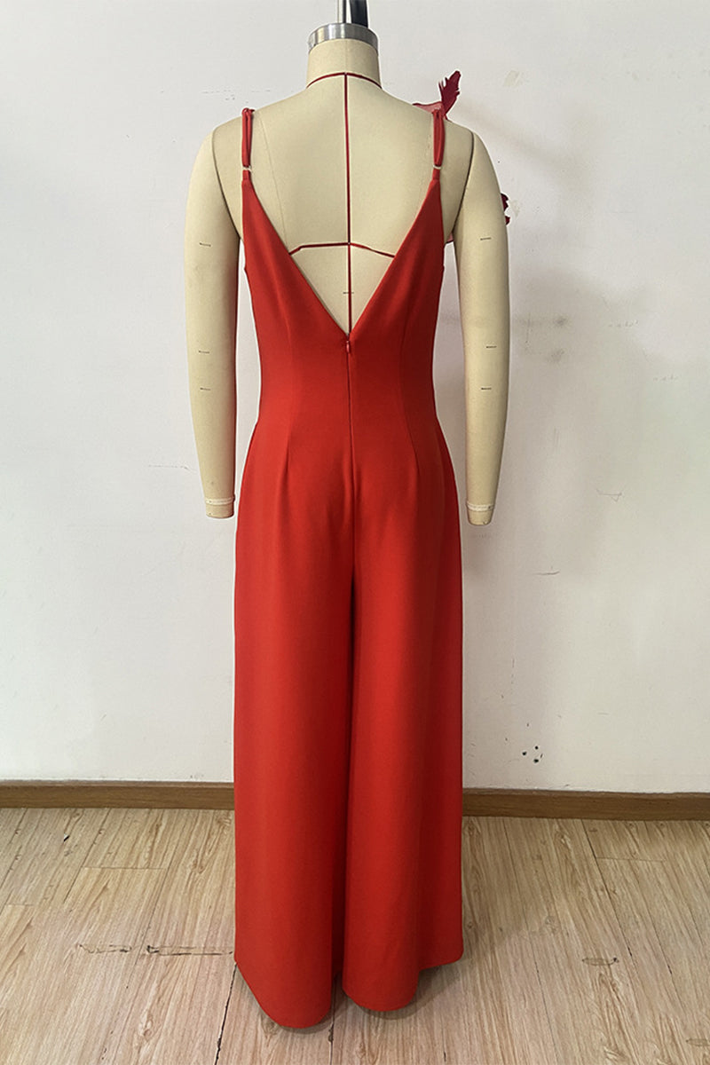 Mono holgado elegante con cuello en V y flores y bolsillos sólidos