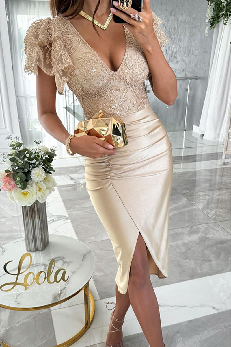 Vestidos elegantes de celebridades con lentejuelas sólidas, cuello en V doblado y falda cruzada