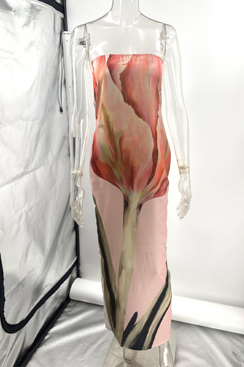 Vestidos casuales con estampado de flores, aberturas, cremallera, sin tirantes, falda de un solo paso