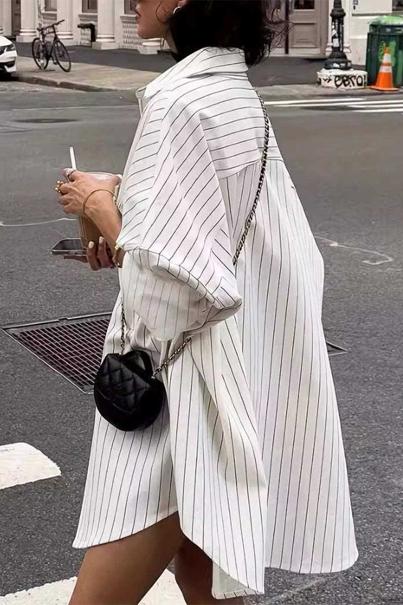 Blusas casuales con cuello vuelto, bolsillos y estampado de rayas