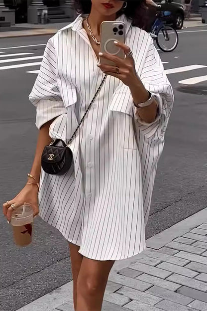 Blusas casuales con cuello vuelto, bolsillos y estampado de rayas