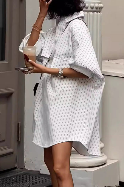 Blusas casuales con cuello vuelto, bolsillos y estampado de rayas