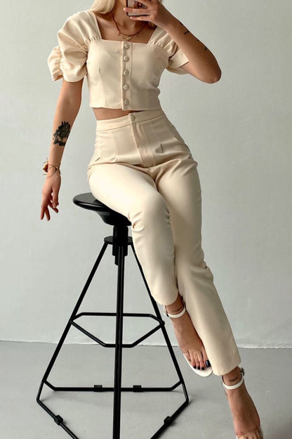 Conjunto informal de dos piezas con botones lisos, cuello cuadrado, manga corta (7 colores)