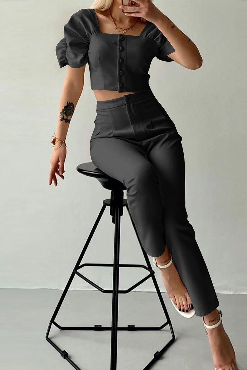 Conjunto informal de dos piezas con botones lisos, cuello cuadrado, manga corta (7 colores)