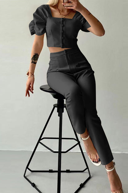 Conjunto informal de dos piezas con botones lisos, cuello cuadrado, manga corta (7 colores)