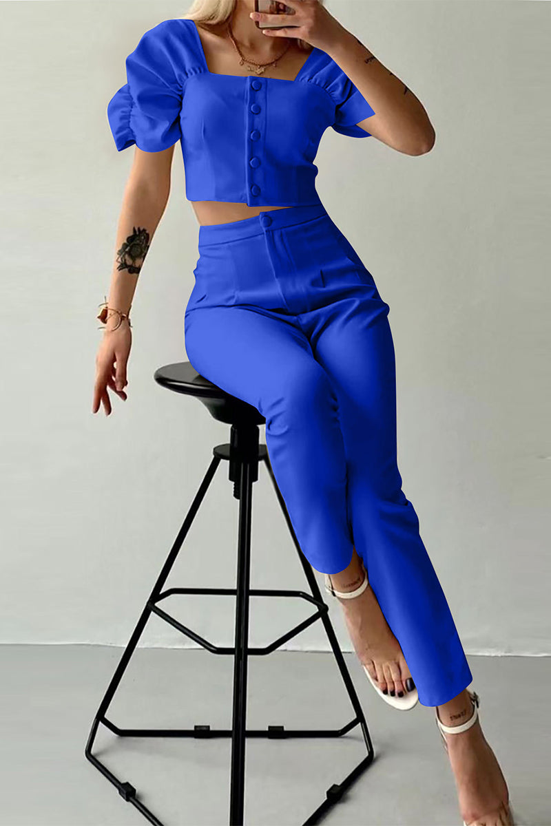 Conjunto informal de dos piezas con botones lisos, cuello cuadrado, manga corta (7 colores)