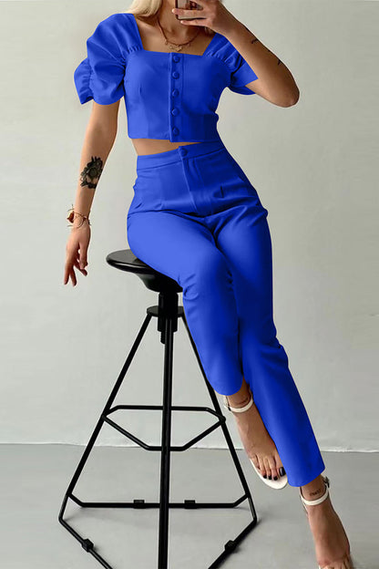 Conjunto informal de dos piezas con botones lisos, cuello cuadrado, manga corta (7 colores)