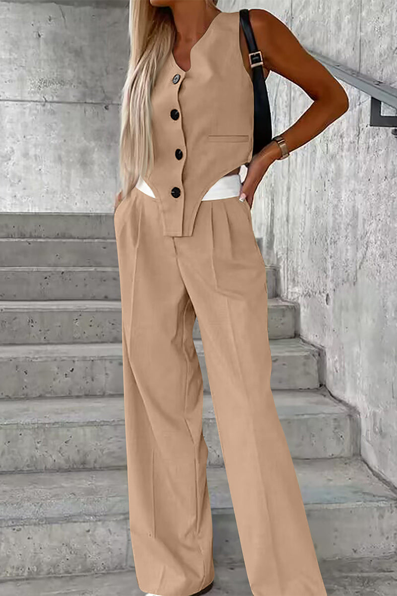 Conjunto informal de dos piezas estilo británico con botones lisos, cuello en V asimétrico, sin mangas (8 colores)