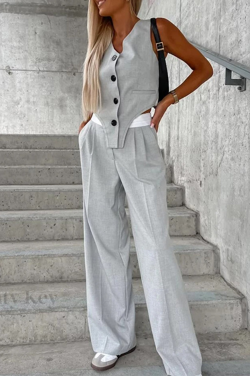 Conjunto informal de dos piezas estilo británico con botones lisos, cuello en V asimétrico, sin mangas (8 colores)