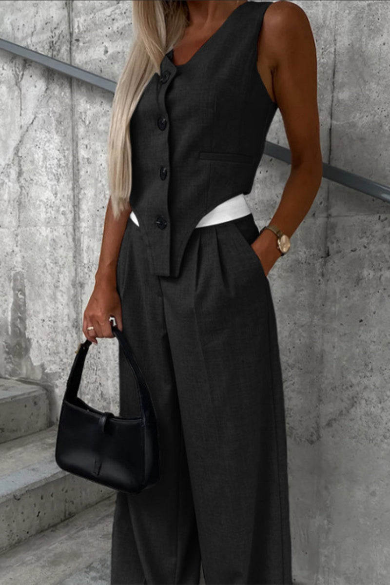 Conjunto informal de dos piezas estilo británico con botones lisos, cuello en V asimétrico, sin mangas (8 colores)