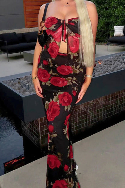 Conjunto de dos piezas de malla con flores sexys, sin tirantes y sin mangas