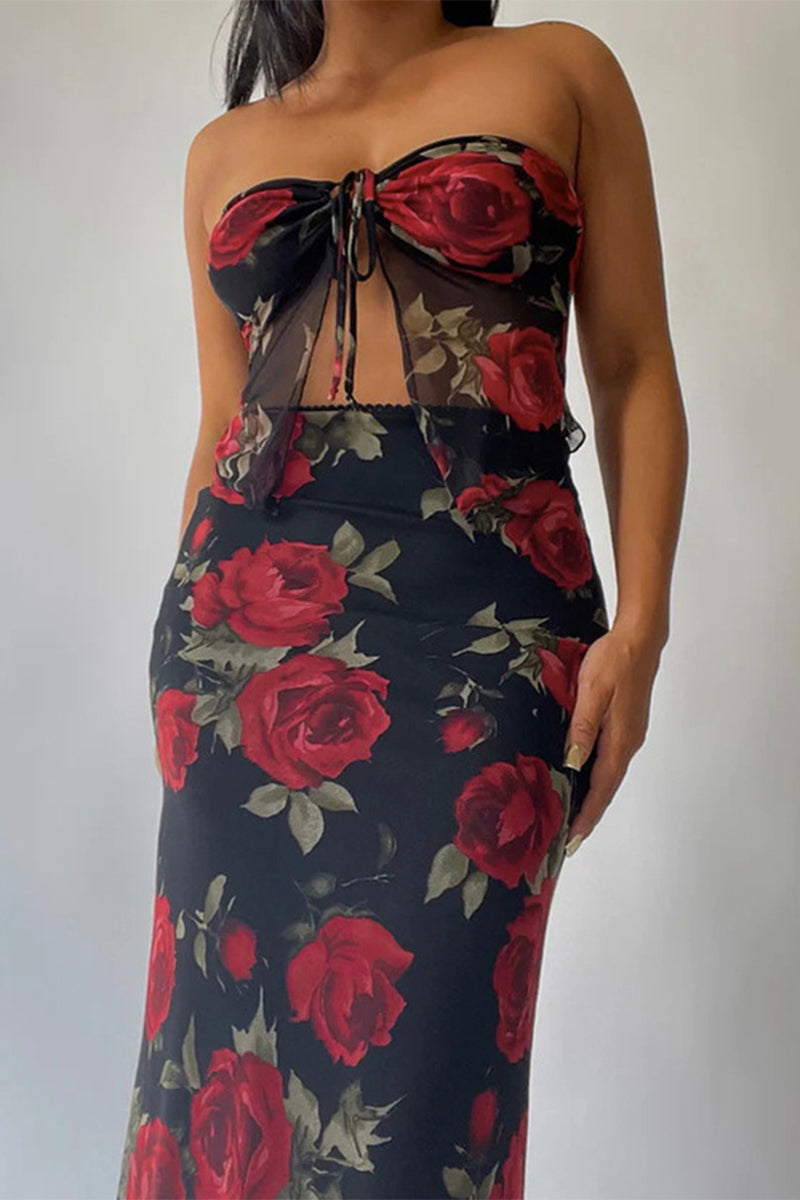 Conjunto de dos piezas de malla con flores sexys, sin tirantes y sin mangas