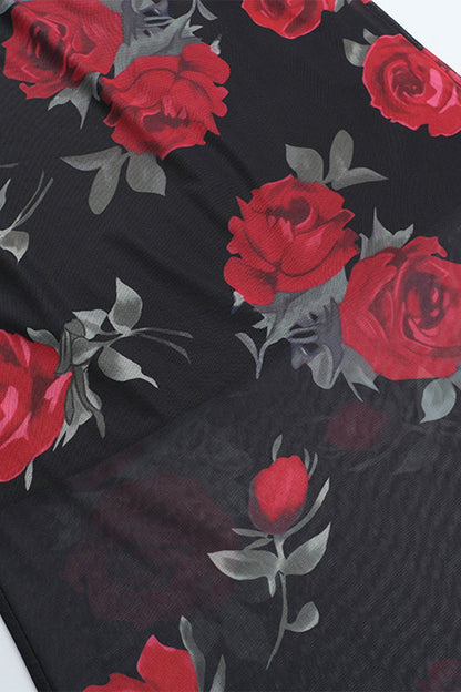 Conjunto de dos piezas de malla con flores sexys, sin tirantes y sin mangas