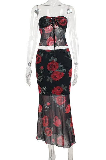 Conjunto de dos piezas de malla con flores sexys, sin tirantes y sin mangas