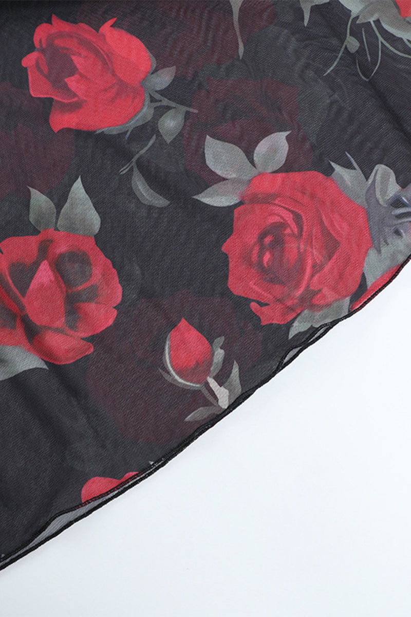 Conjunto de dos piezas de malla con flores sexys, sin tirantes y sin mangas