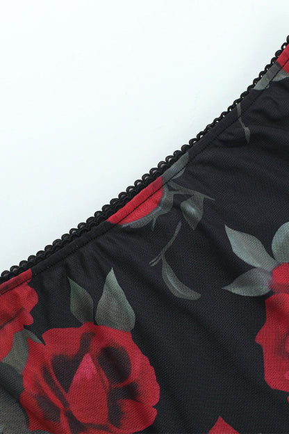 Conjunto de dos piezas de malla con flores sexys, sin tirantes y sin mangas