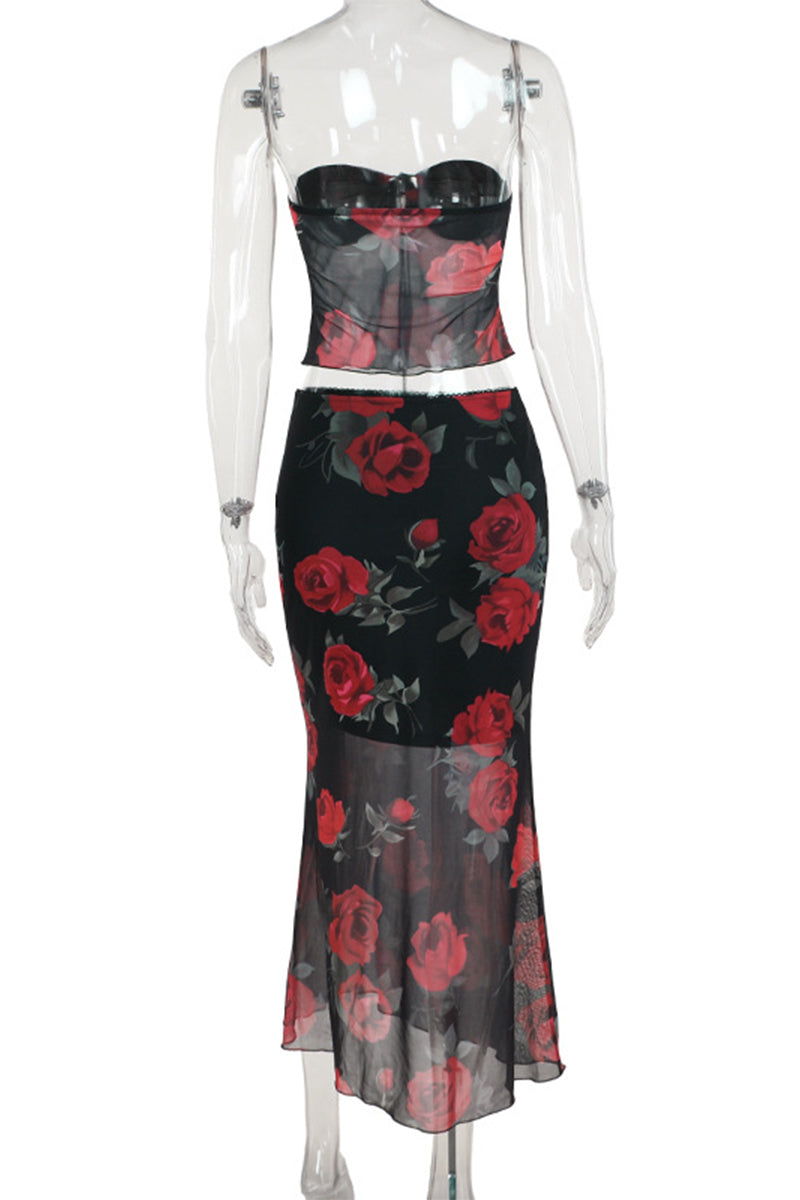 Conjunto de dos piezas de malla con flores sexys, sin tirantes y sin mangas