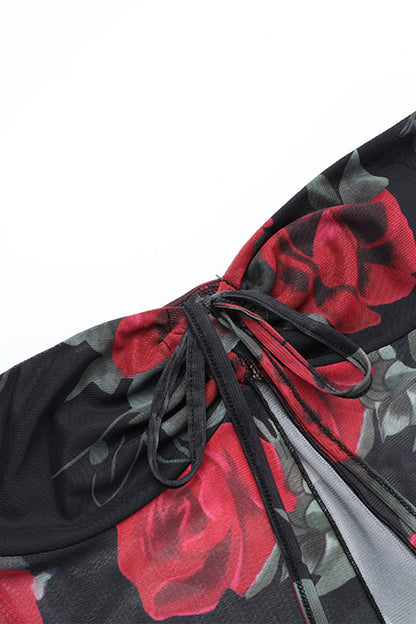 Conjunto de dos piezas de malla con flores sexys, sin tirantes y sin mangas